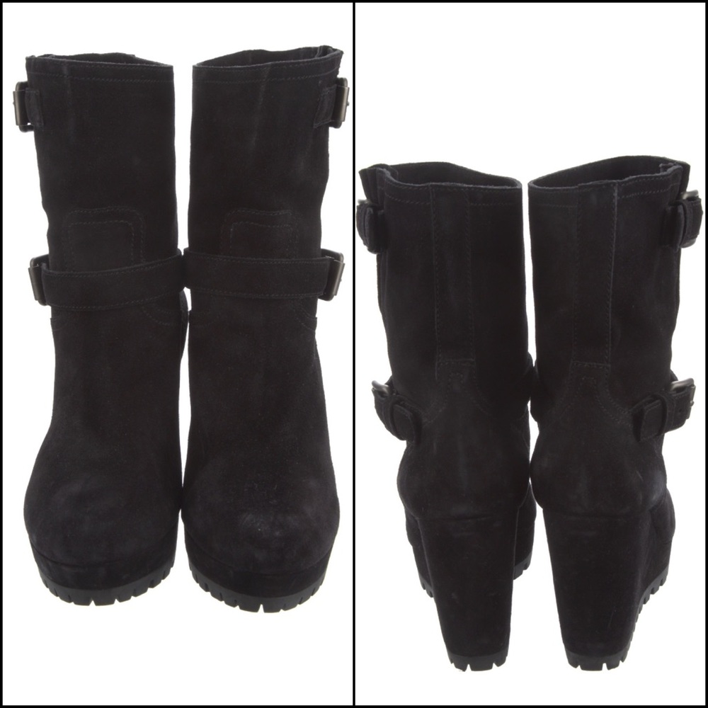 PRADA Black Suede Double Buckle Wedge Ankle Booties Boots - Picture 5 of 13